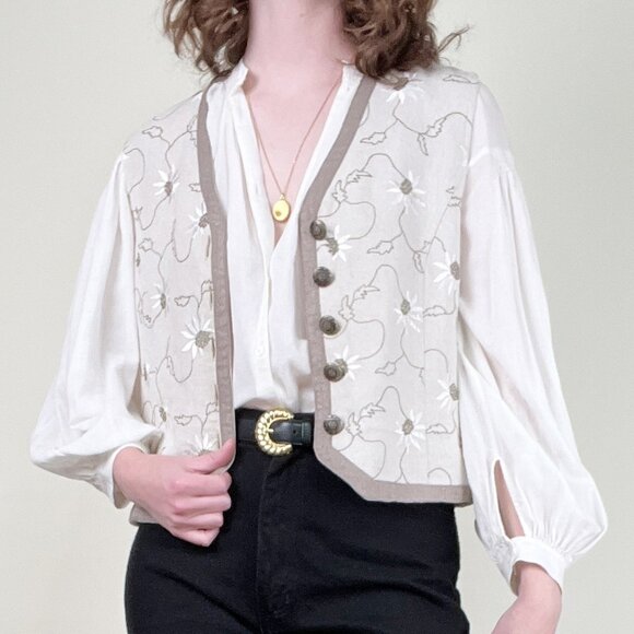 Vintage Folk Floral Embroidered Vest Knit Rustic Coastal Cowgirl Garden Girl Top - Picture 1 of 11